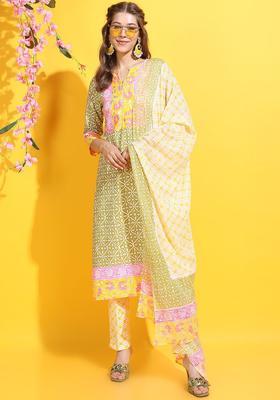 Olive Printed Cotton Kurta Set