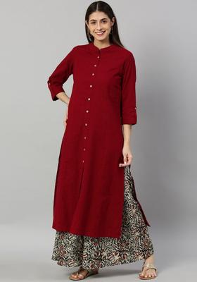 Maroon Solid Cotton Kurta Set