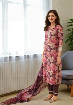 Purple Printed Polyester Kurta Set
