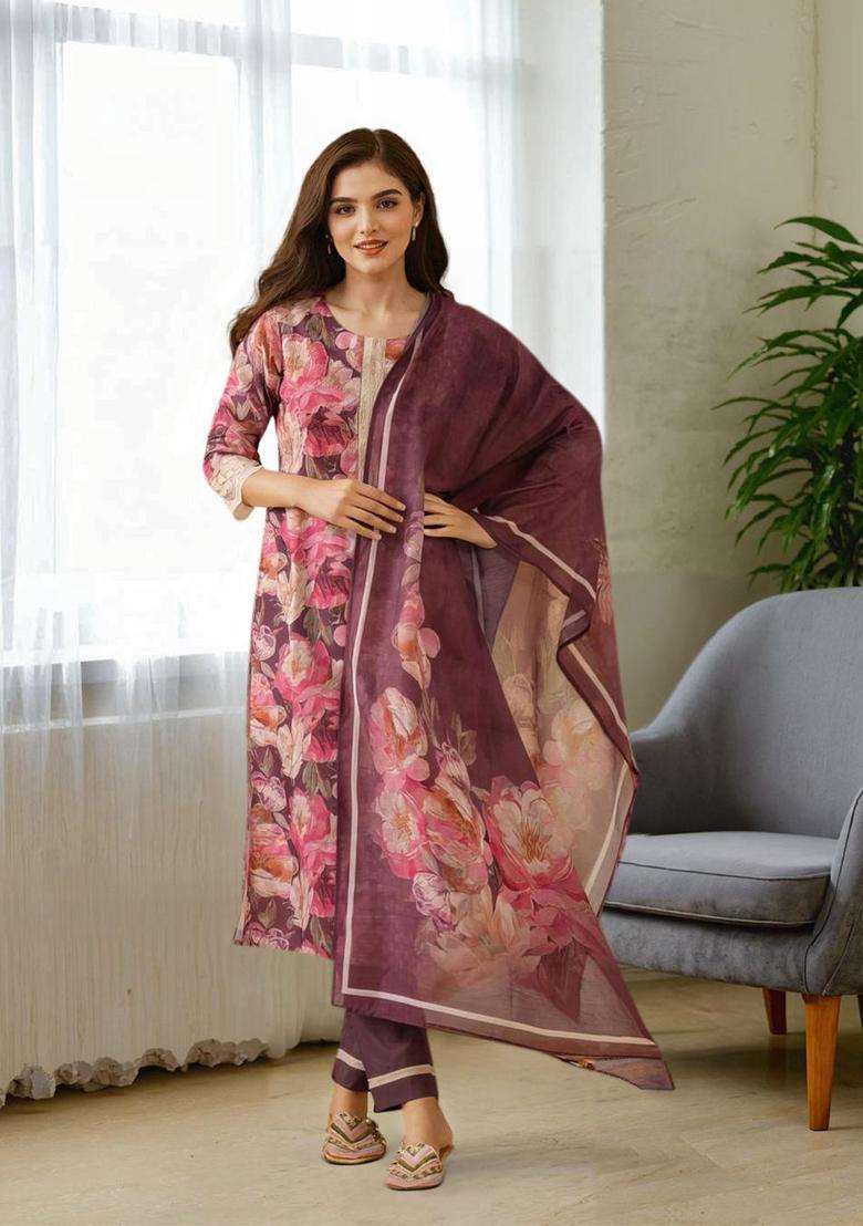Purple Printed Polyester Kurta Set - Indya