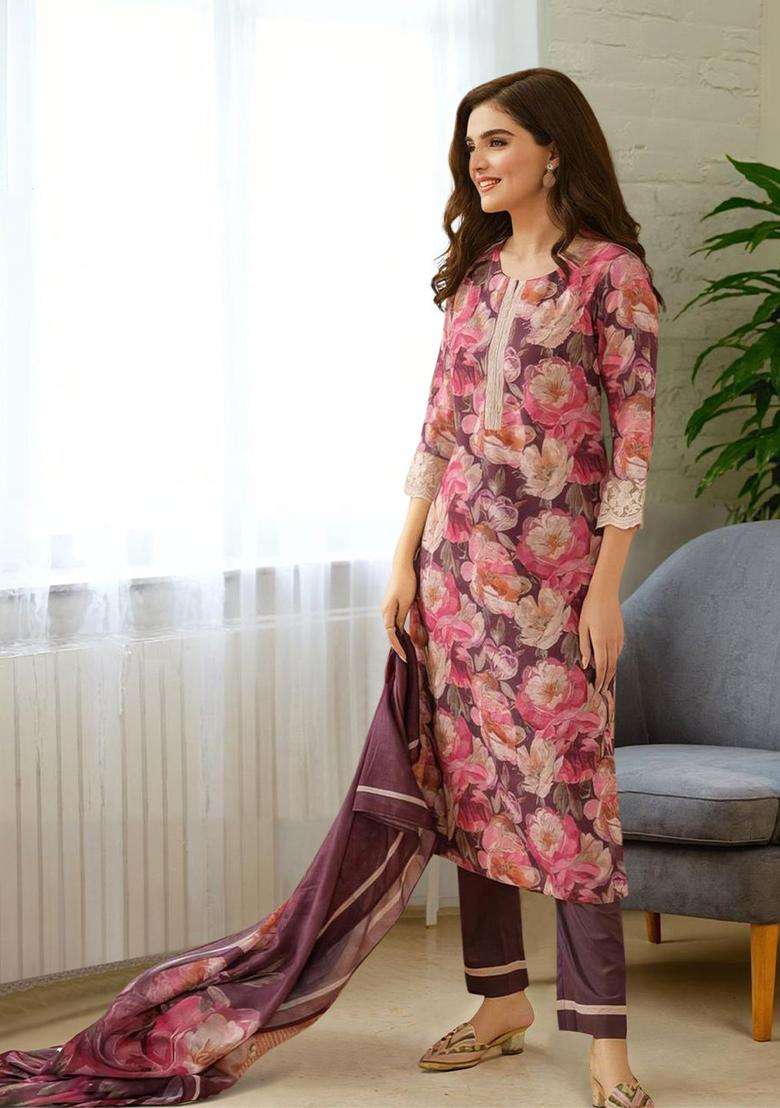 Purple Printed Polyester Kurta Set - Indya
