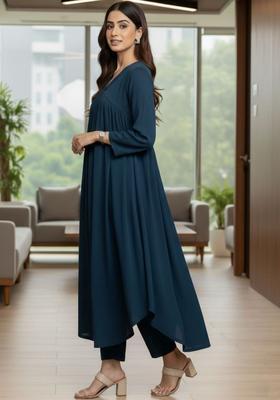 Teal Solid Silk Blend Kurta Set