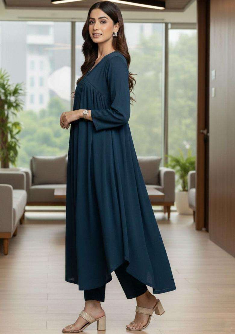 Teal Solid Silk Blend Kurta Set - Indya