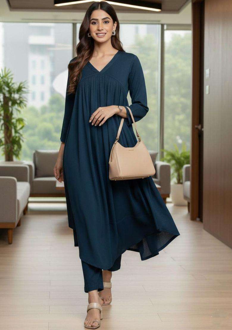 Teal Solid Silk Blend Kurta Set - Indya