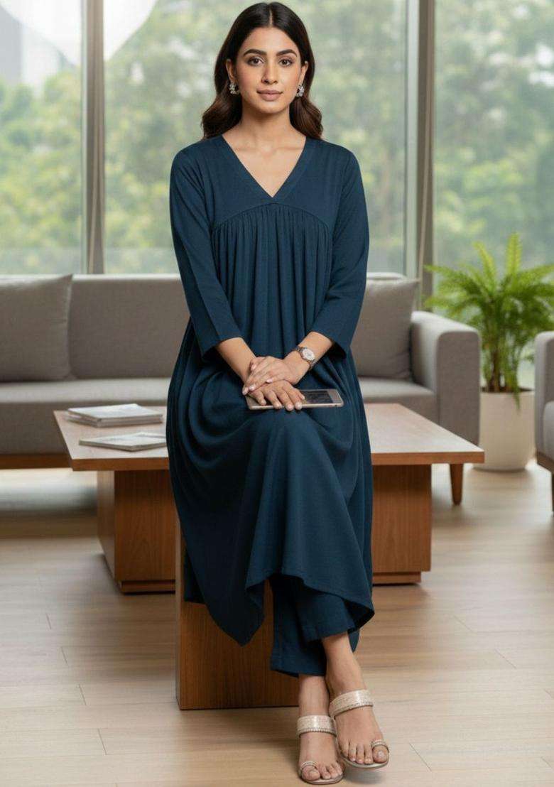 Teal Solid Silk Blend Kurta Set - Indya