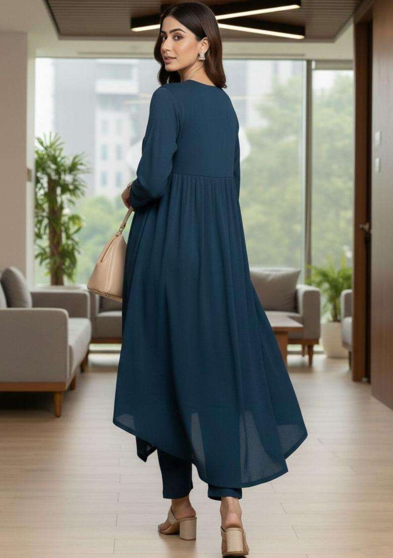 Teal Solid Silk Blend Kurta Set - Indya