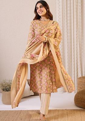 Beige Printed Cotton Kurta Set