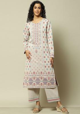 Beige Printed Cotton Kurta Set