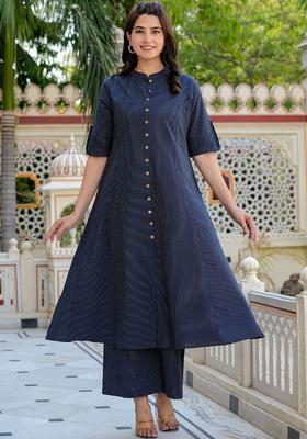 Navy Blue Striped Cotton Kurta Set