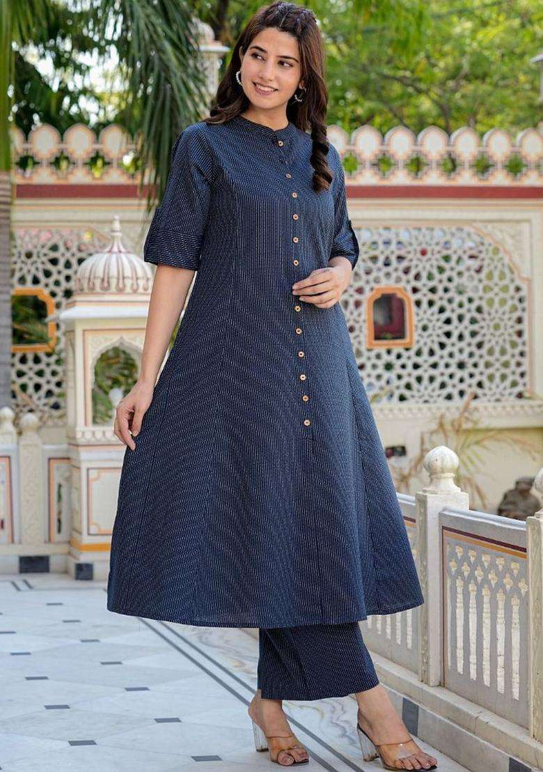 Navy Blue Striped Cotton Kurta Set - Indya
