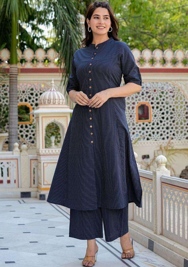 Navy Blue Striped Cotton Kurta Set - Indya