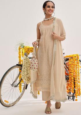 Cream Embroidered Net Kurta Set