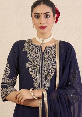 Navy Blue Woven Design Silk Blend Kurta Set
