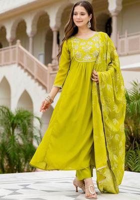 Lime Green Embroidered Chinon Kurta Set