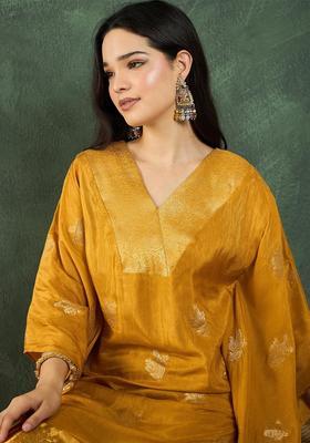 Yellow Printed Silk Blend Kurta Set
