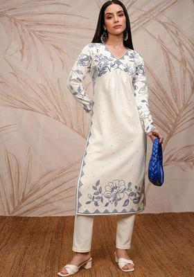 Off White Printed Polyester Kurta Set