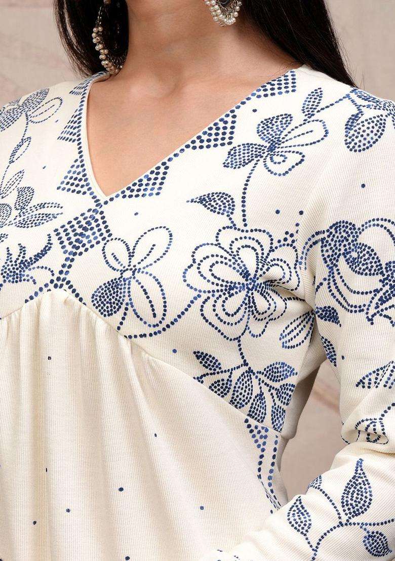 Off White Printed Polyester Kurta Set - Indya