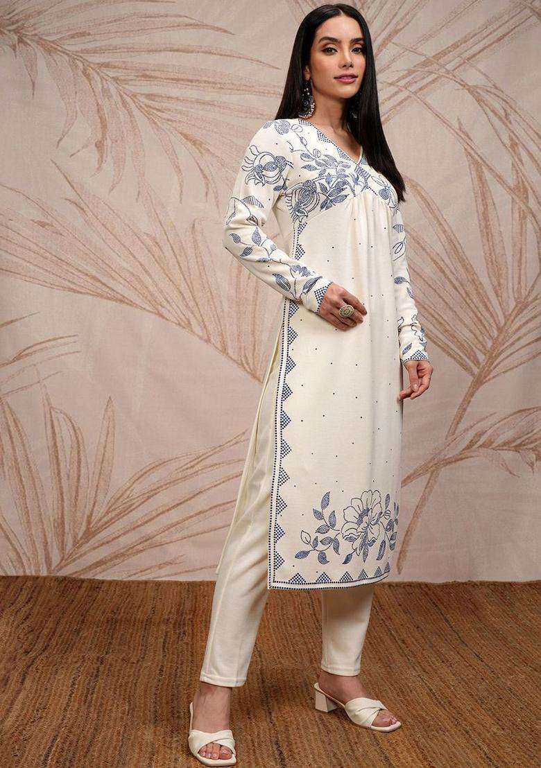 Off White Printed Polyester Kurta Set - Indya