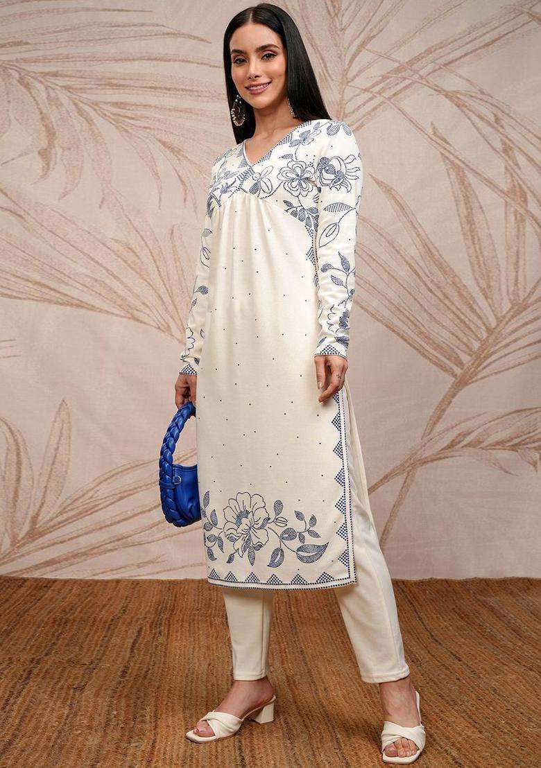 Off White Printed Polyester Kurta Set - Indya