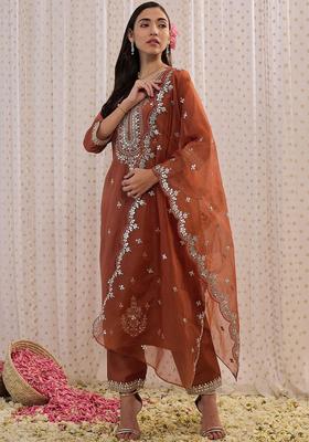 Brown Embroidered Silk Blend Kurta Set