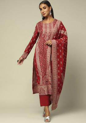 Red Printed Polyester Kurta Set