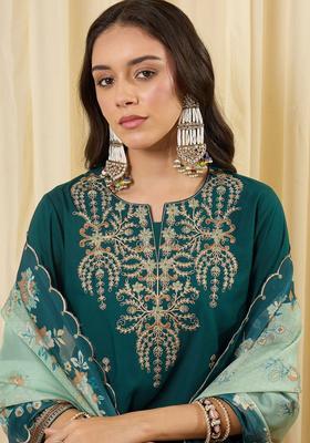 Teal Embroidered Viscose Kurta Set