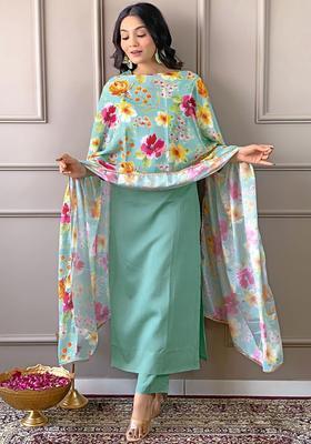 Turquoise Blue Yoke Design Viscose Kurta Set