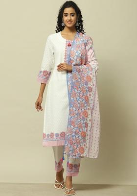 White Printed Cotton Kurta Set