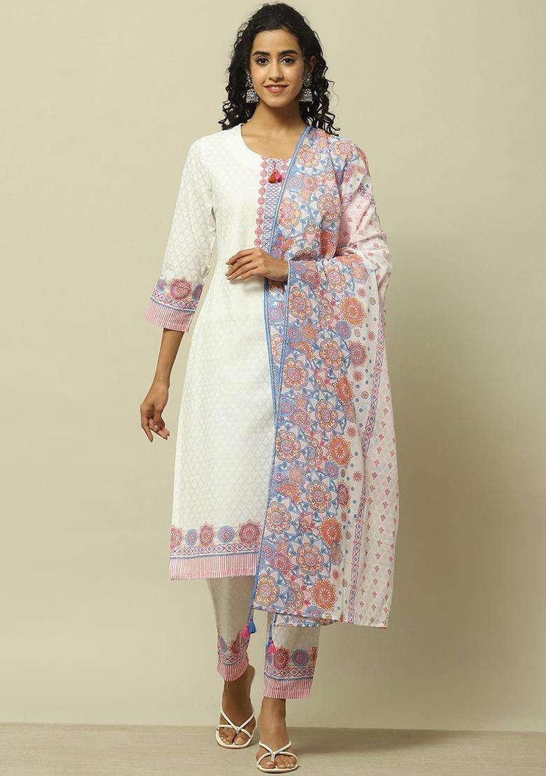 White Printed Cotton Kurta Set - Indya