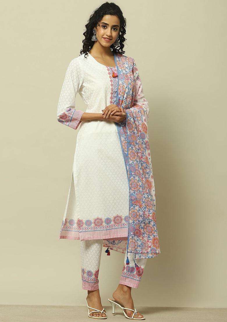 White Printed Cotton Kurta Set - Indya