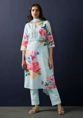 Turquoise Blue Printed Linen Kurta Set