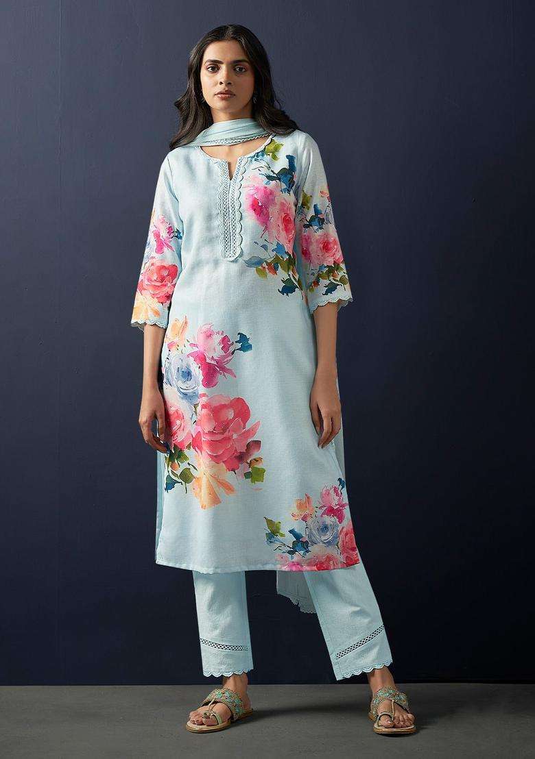 Turquoise Blue Printed Linen Kurta Set - Indya