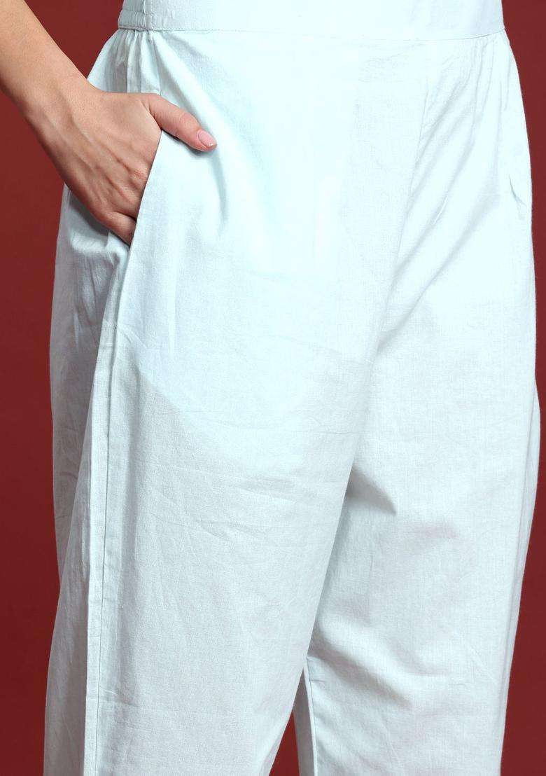 Turquoise Blue Printed Linen Kurta Set - Indya
