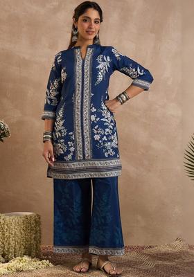 Navy Blue Printed Silk Blend Kurta Set