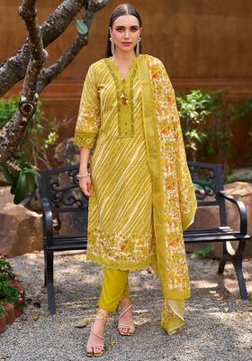 Mustard Printed Cotton Kurta Set