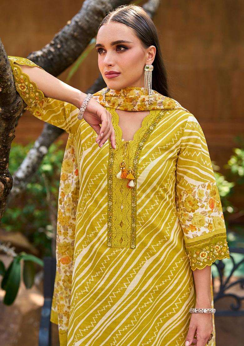 Mustard Printed Cotton Kurta Set - Indya