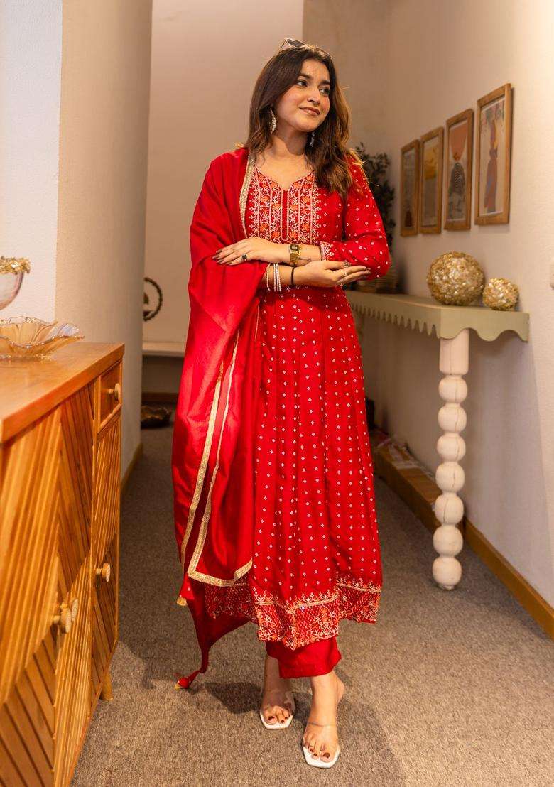 Pink Printed Silk Blend Anarkali Set - Indya