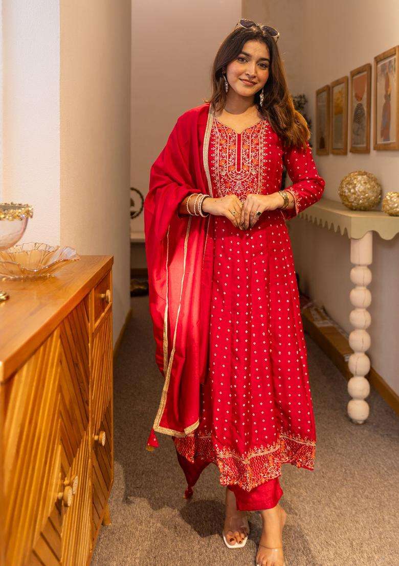 Pink Printed Silk Blend Anarkali Set - Indya