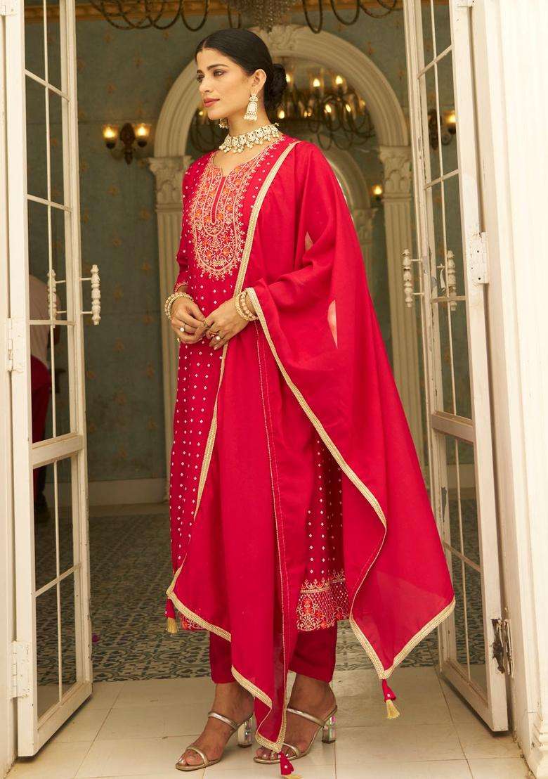 Pink Printed Silk Blend Anarkali Set - Indya