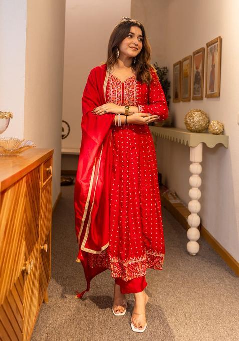Pink Printed Silk Anarkali Set — view on Indya