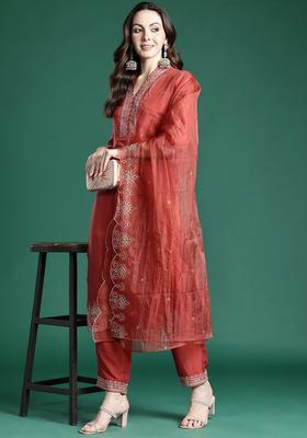 Rust Embroidered Silk Blend Kurta Set