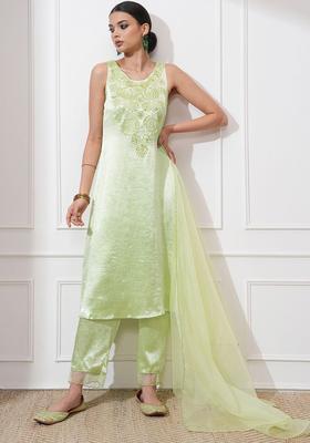 Green Embroidered Polyester Kurta Set