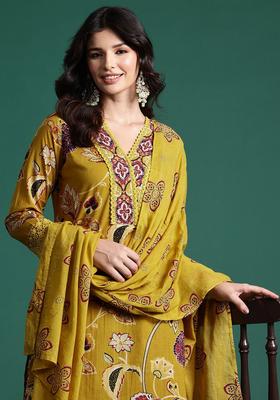 Mustard Printed Cotton Kurta Set