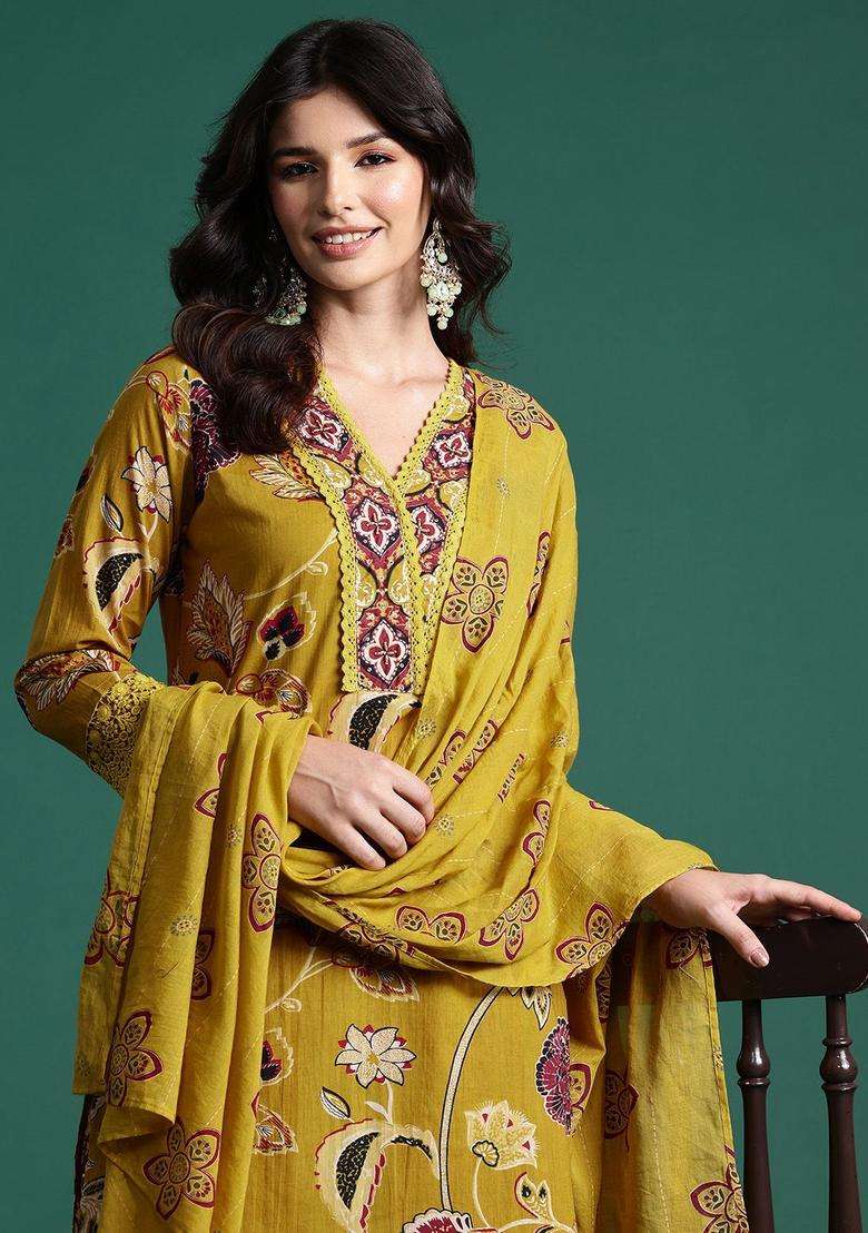 Mustard Printed Cotton Kurta Set - Indya