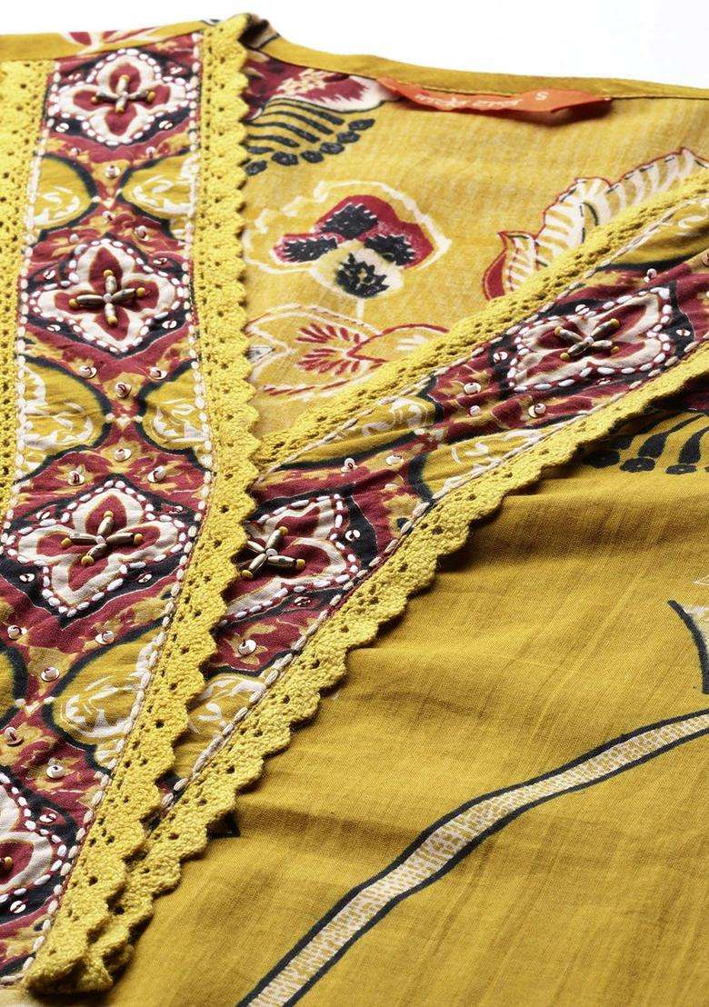 Mustard Printed Cotton Kurta Set - Indya