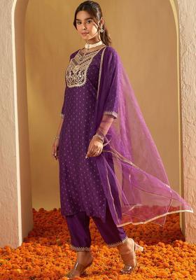 Purple Printed Polyester Kurta Set
