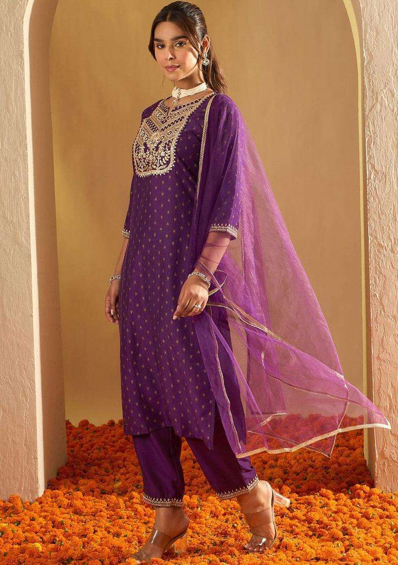 Purple Printed Polyester Kurta Set - Indya
