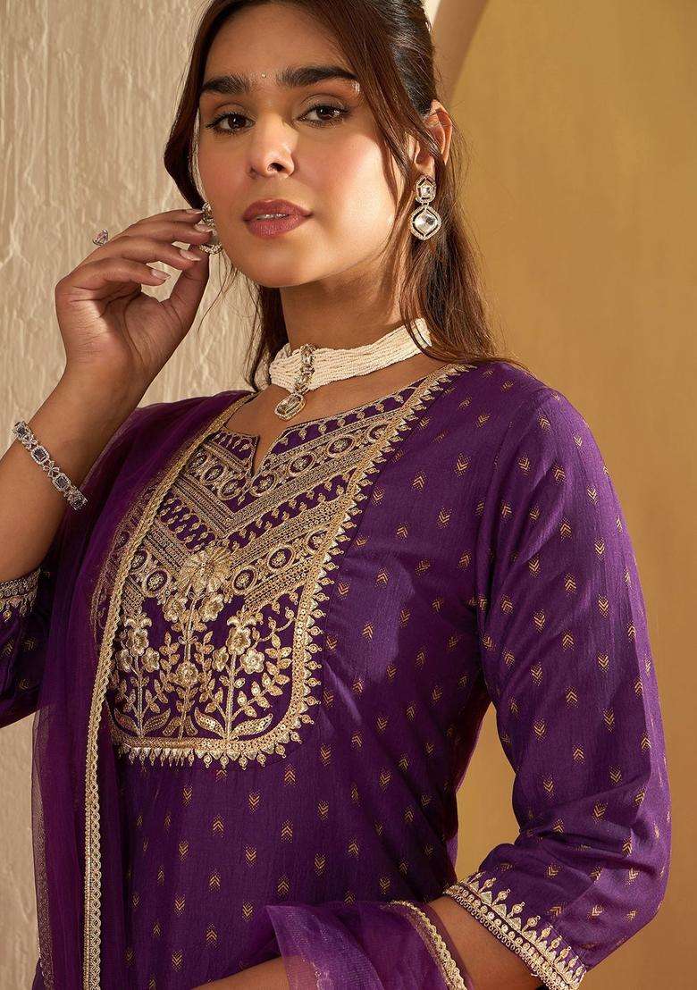 Purple Printed Polyester Kurta Set - Indya