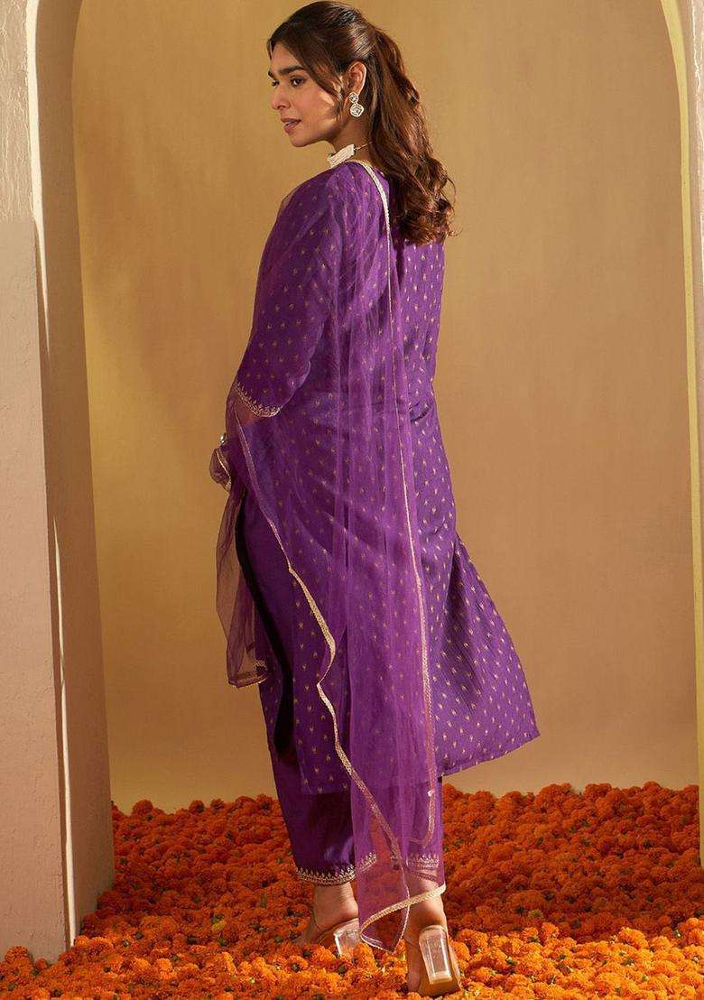 Purple Printed Polyester Kurta Set - Indya