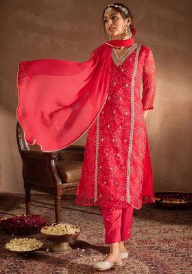 Red Printed Silk Kurta Set